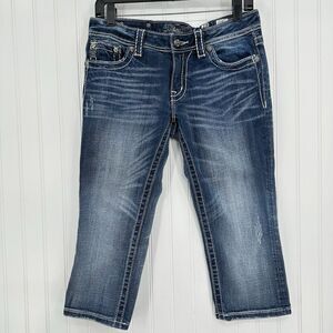 Miss Me Jeans 29 Capri Embroidery Rhinestones Distress Denim Y2K Western *Flaw